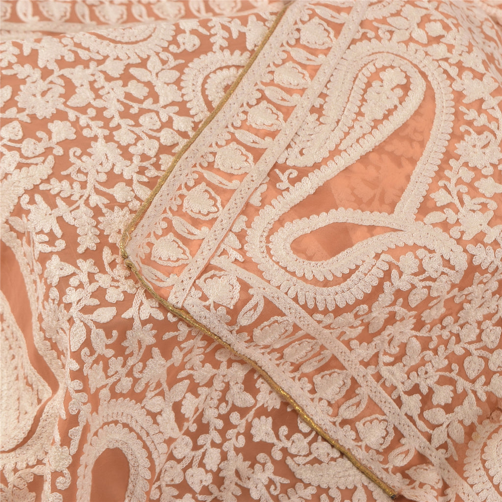 Sanskriti Vintage Long Dupatta/Stole Peach Georgette Hand Embroidered Aari Veil
