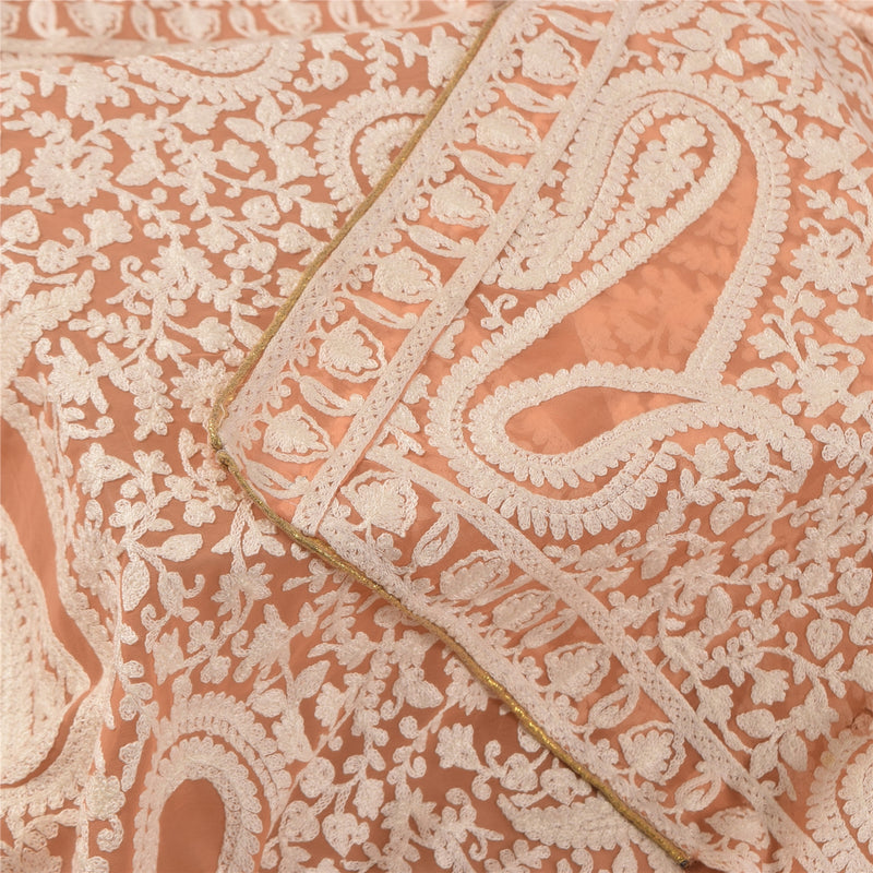 Sanskriti Vintage Long Dupatta/Stole Peach Georgette Hand Embroidered Aari Veil
