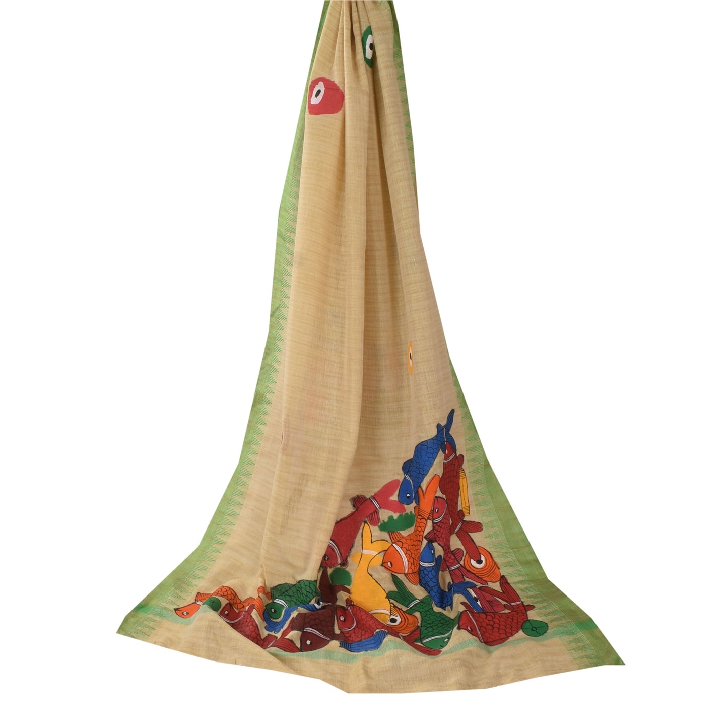 Sanskriti Vintage Long Dupatta/Stole Pure Cotton Cream Hand Painted Scarf Veil