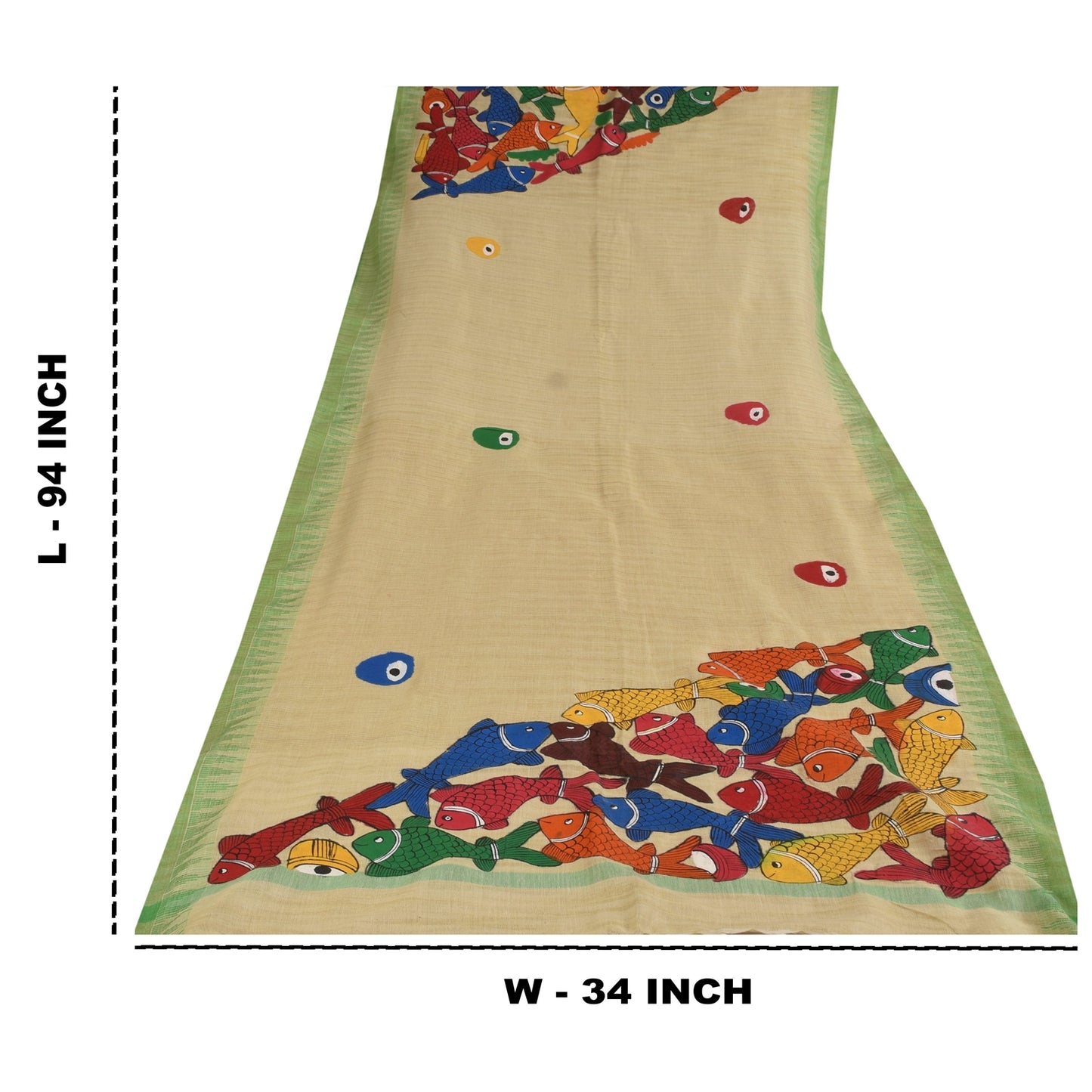 Sanskriti Vintage Long Dupatta/Stole Pure Cotton Cream Hand Painted Scarf Veil