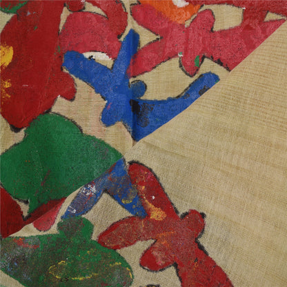 Sanskriti Vintage Long Dupatta/Stole Pure Cotton Cream Hand Painted Scarf Veil