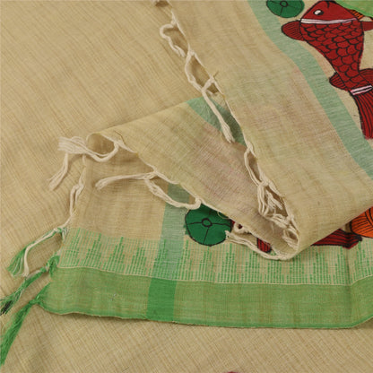 Sanskriti Vintage Long Dupatta/Stole Pure Cotton Cream Hand Painted Scarf Veil