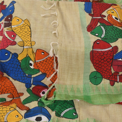 Sanskriti Vintage Long Dupatta/Stole Pure Cotton Cream Hand Painted Scarf Veil