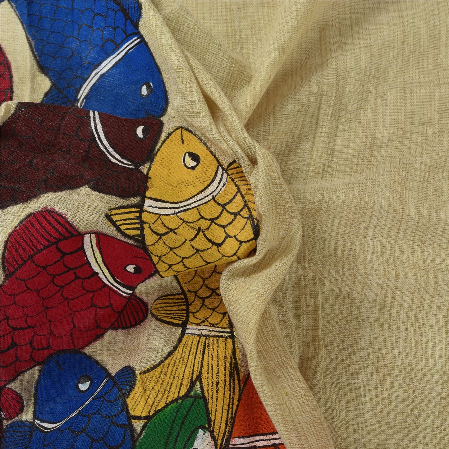 Sanskriti Vintage Long Dupatta/Stole Pure Cotton Cream Hand Painted Scarf Veil