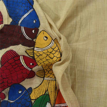 Sanskriti Vintage Long Dupatta/Stole Pure Cotton Cream Hand Painted Scarf Veil