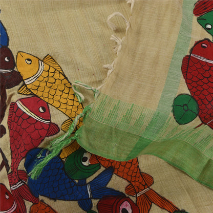 Sanskriti Vintage Long Dupatta/Stole Pure Cotton Cream Hand Painted Scarf Veil