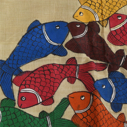 Sanskriti Vintage Long Dupatta/Stole Pure Cotton Cream Hand Painted Scarf Veil