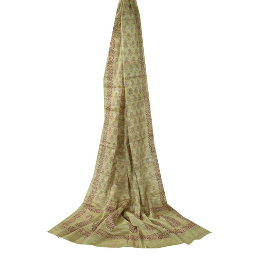 Sanskriti Vintage Long Dupatta/Stole Pure Silk Green Hand Block Printed WrapVeil