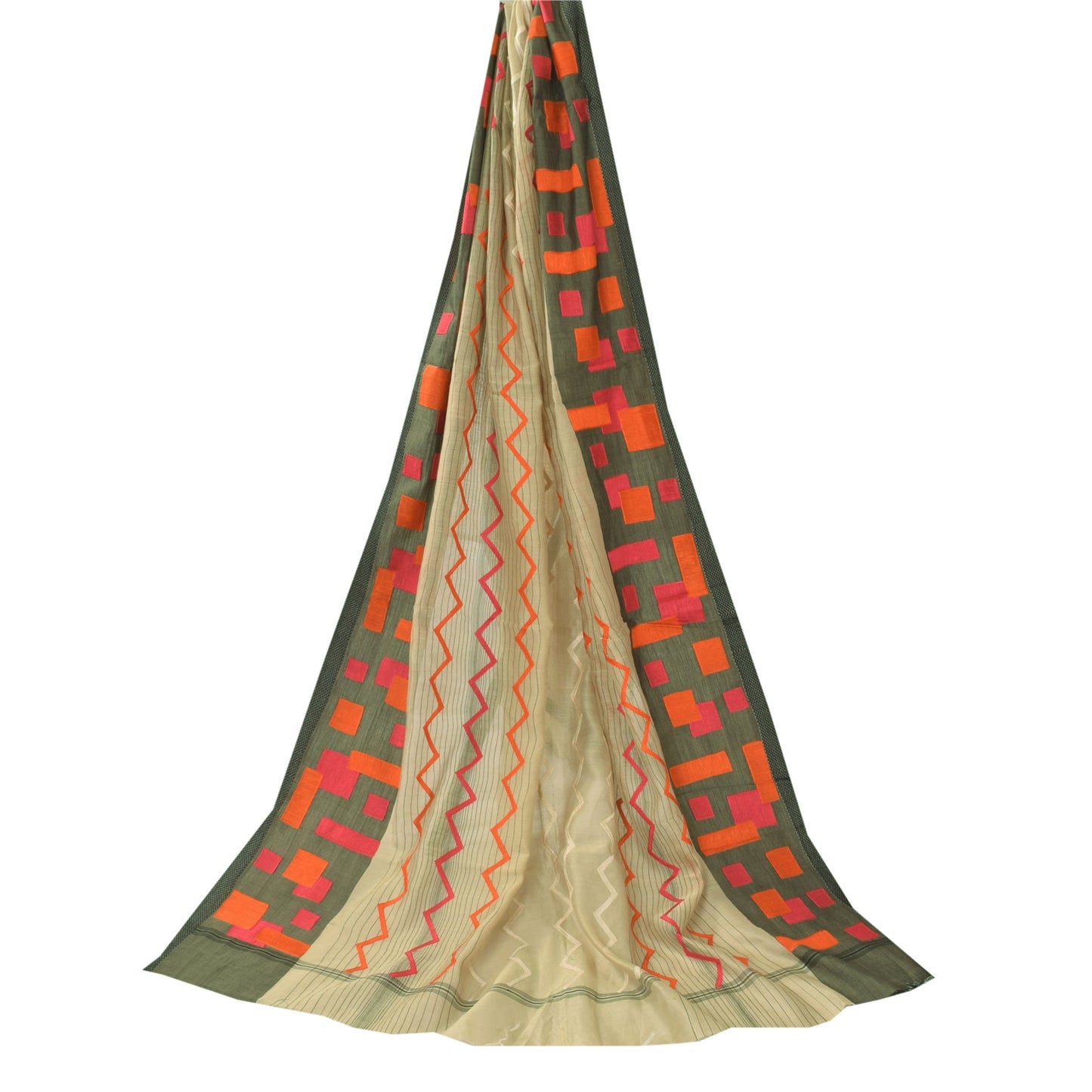 Sanskriti Vintage Ivory Dupatta Long Stole Cotton Silk Embroidered Wrap Veil