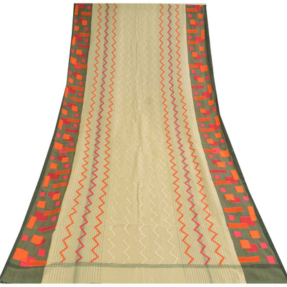 Sanskriti Vintage Ivory Dupatta Long Stole Cotton Silk Embroidered Wrap Veil