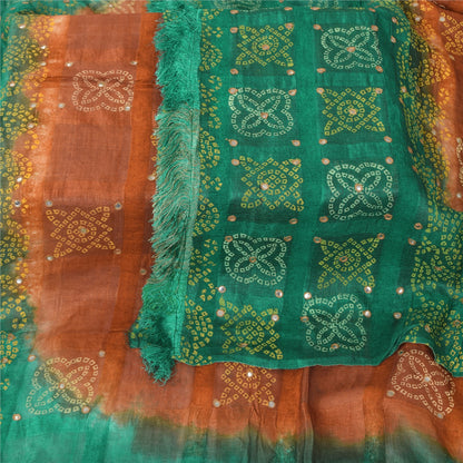 Sanskriti Vintage Brown/Green Dupatta Long Stole Pure Silk Bandhani Printed Veil