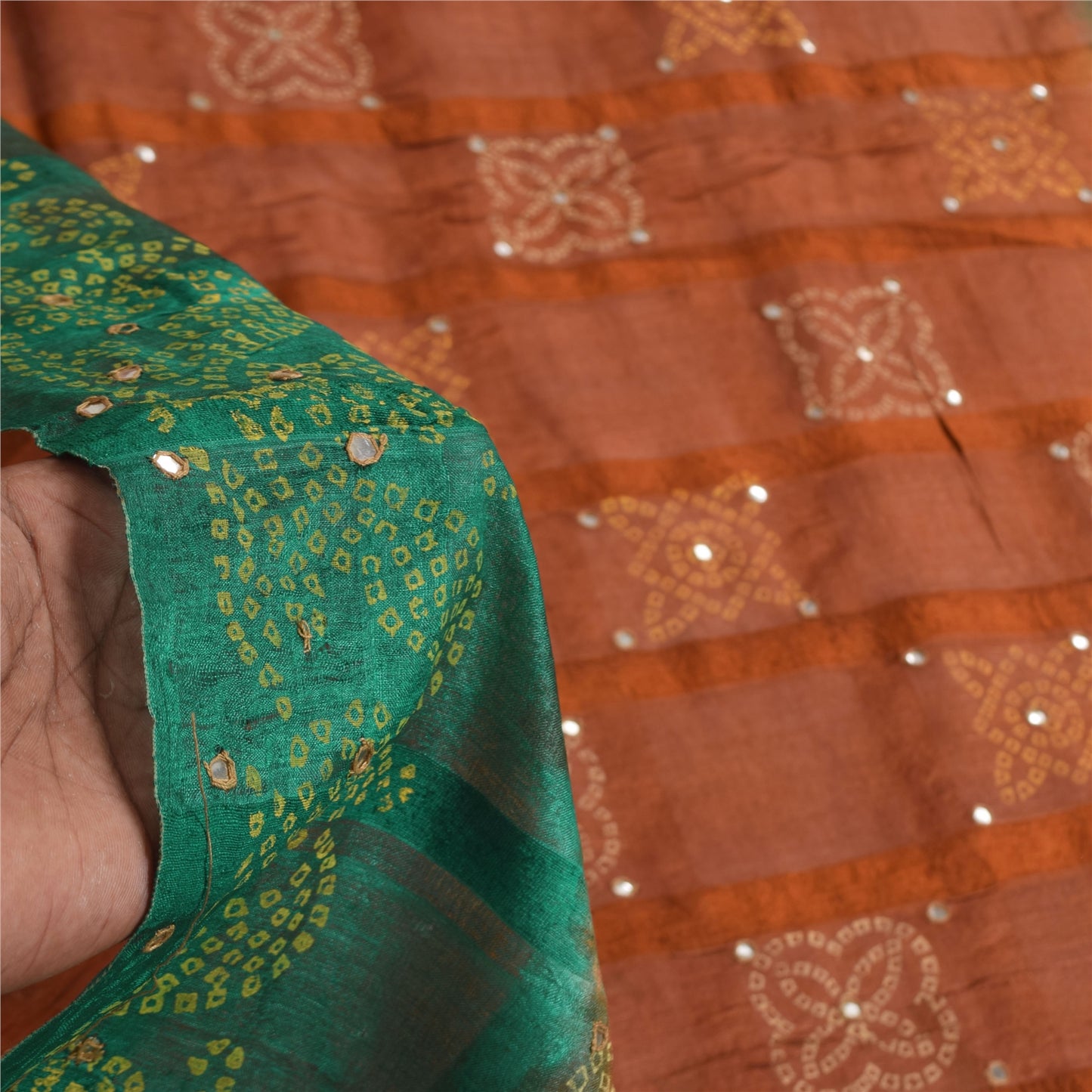 Sanskriti Vintage Brown/Green Dupatta Long Stole Pure Silk Bandhani Printed Veil