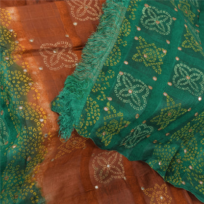 Sanskriti Vintage Brown/Green Dupatta Long Stole Pure Silk Bandhani Printed Veil