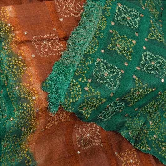 Sanskriti Vintage Brown/Green Dupatta Long Stole Pure Silk Bandhani Printed Veil