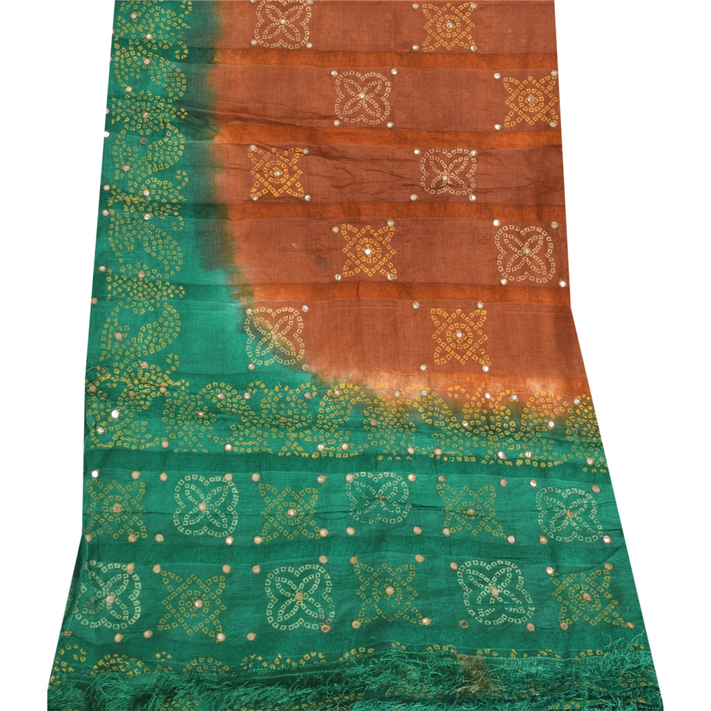 Sanskriti Vintage Brown/Green Dupatta Long Stole Pure Silk Bandhani Printed Veil
