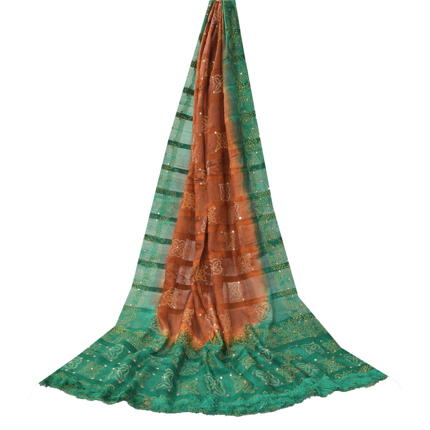 Sanskriti Vintage Brown/Green Dupatta Long Stole Pure Silk Bandhani Printed Veil