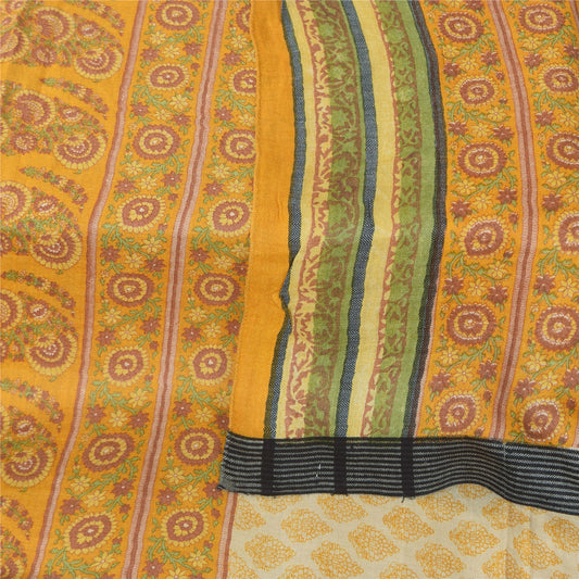 Sanskriti Vintage cream/Yellow Dupatta Long Stole Pure Cotton Printed Wrap Veil