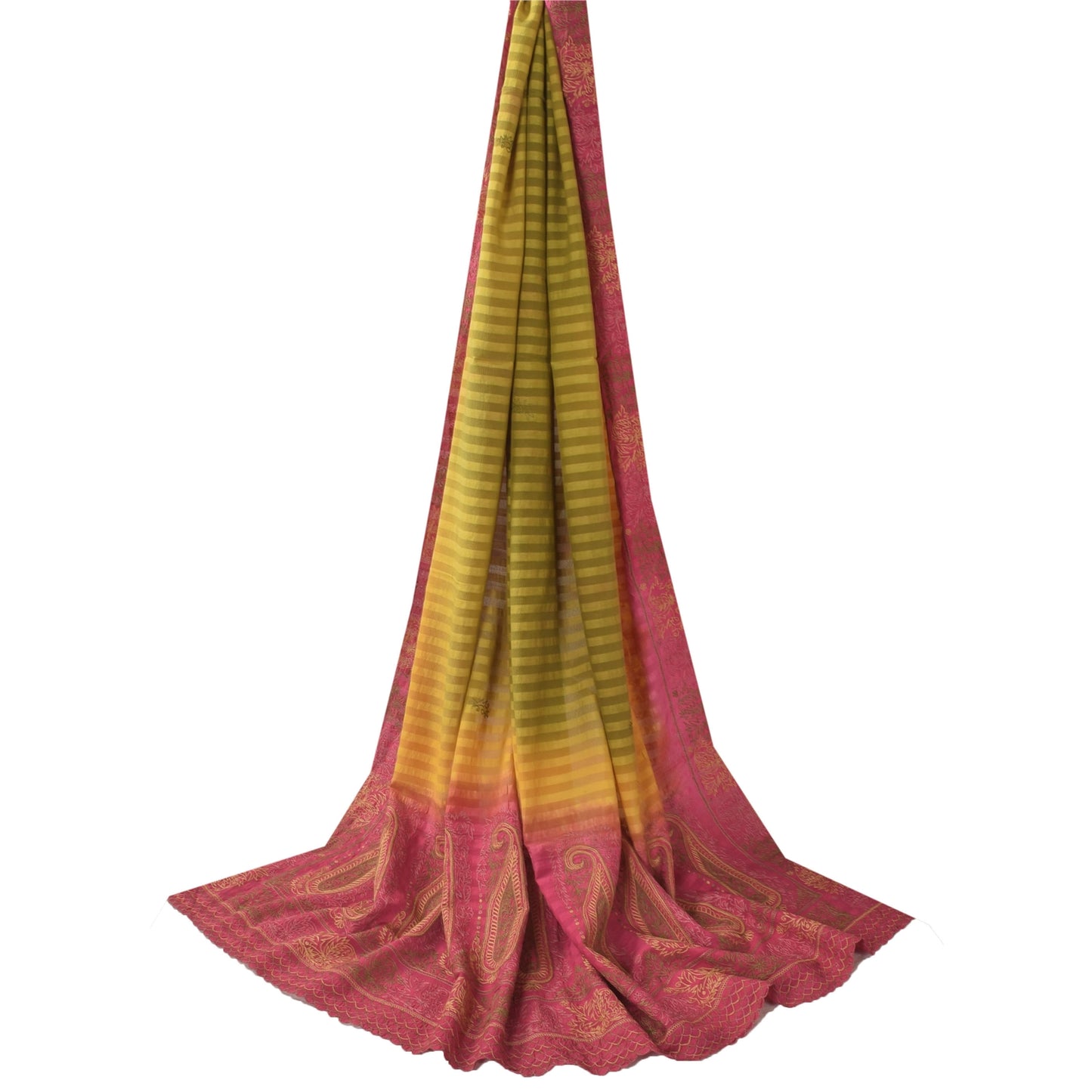 Sanskriti Vintage Long Dupatta/Stole Pure Silk Embroidery Woven Green Scarf Veil