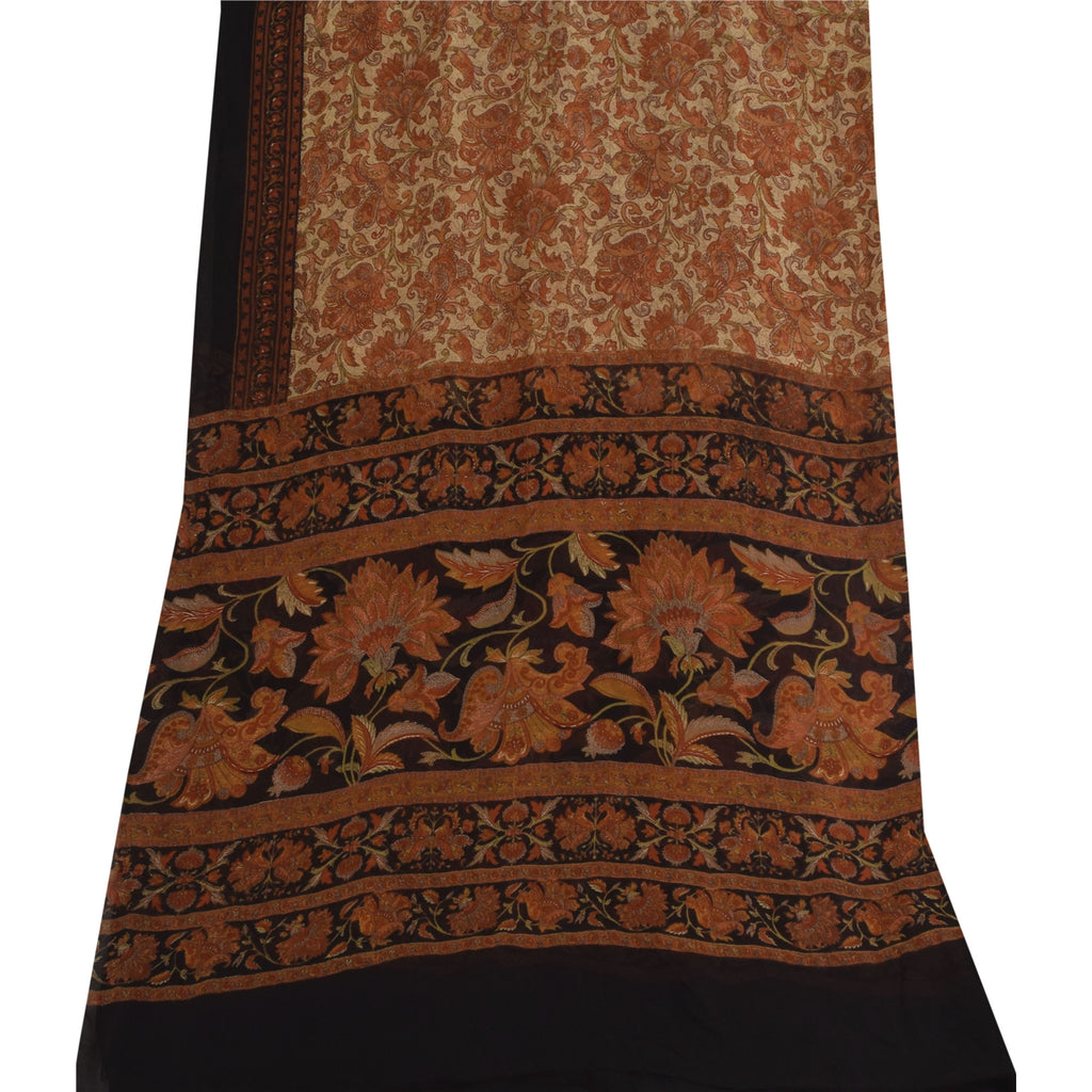 Sanskriti Vintage Long Dupatta/Stole Pure Georgette Cream/Orange Printed Veil