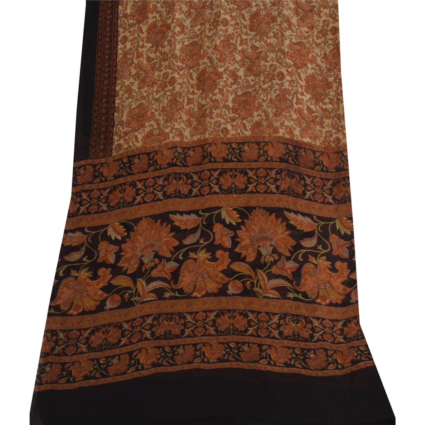 Sanskriti Vintage Long Dupatta/Stole Pure Georgette Cream/Orange Printed Veil
