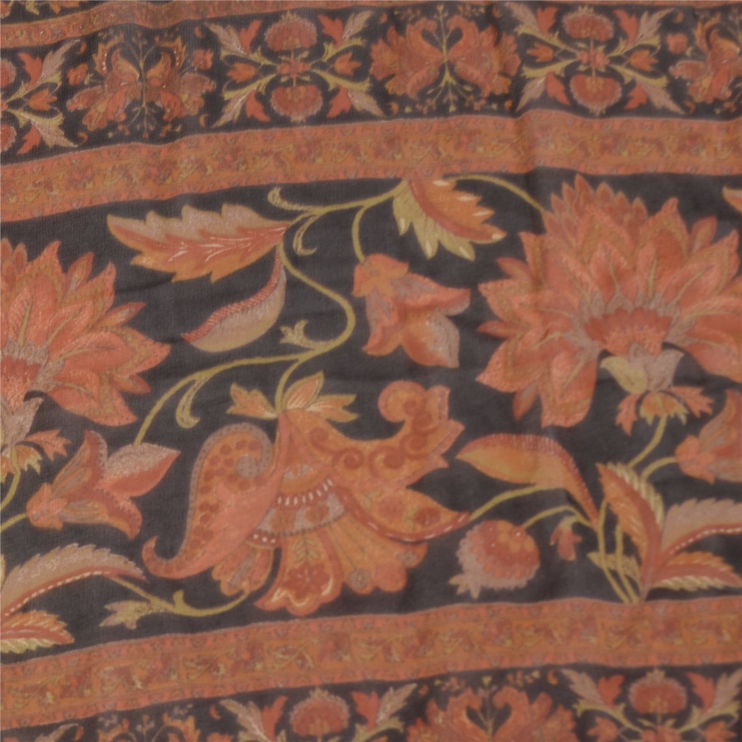 Sanskriti Vintage Long Dupatta/Stole Pure Georgette Cream/Orange Printed Veil