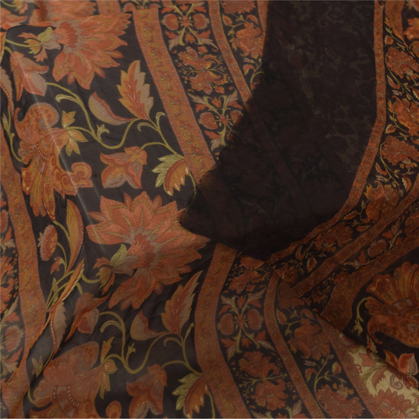 Sanskriti Vintage Long Dupatta/Stole Pure Georgette Cream/Orange Printed Veil