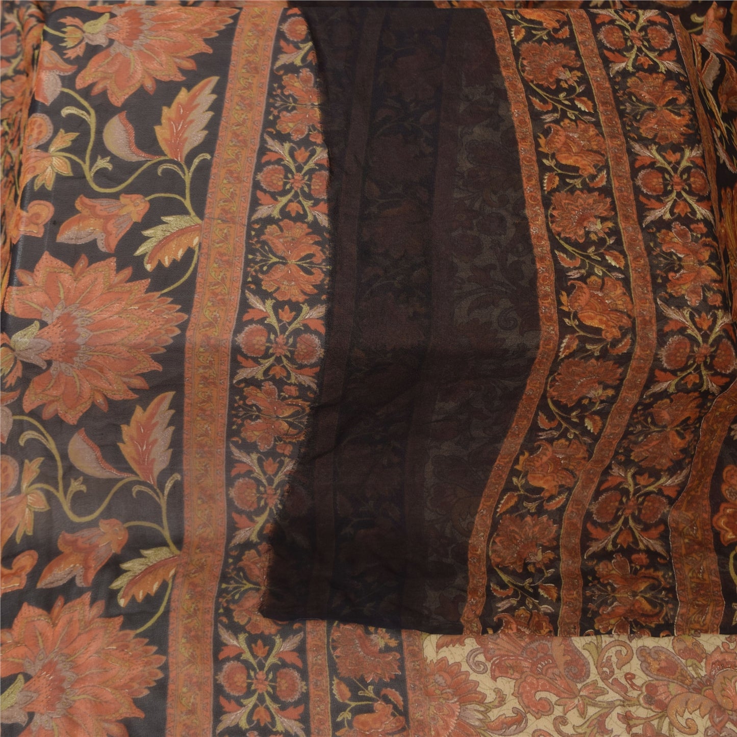 Sanskriti Vintage Long Dupatta/Stole Pure Georgette Cream/Orange Printed Veil