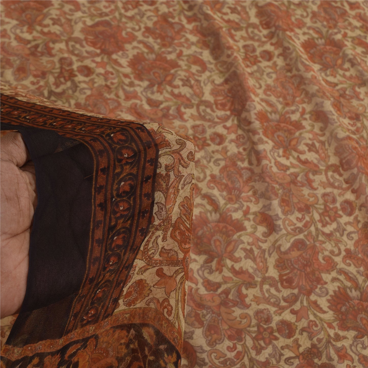 Sanskriti Vintage Long Dupatta/Stole Pure Georgette Cream/Orange Printed Veil