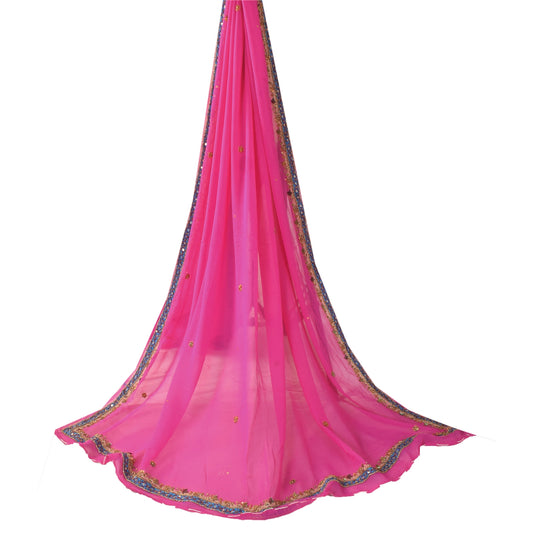 Sanskriti Vintage Pink Dupatta Long Stole Pure Georgette Hand Beaded Wrap Veil