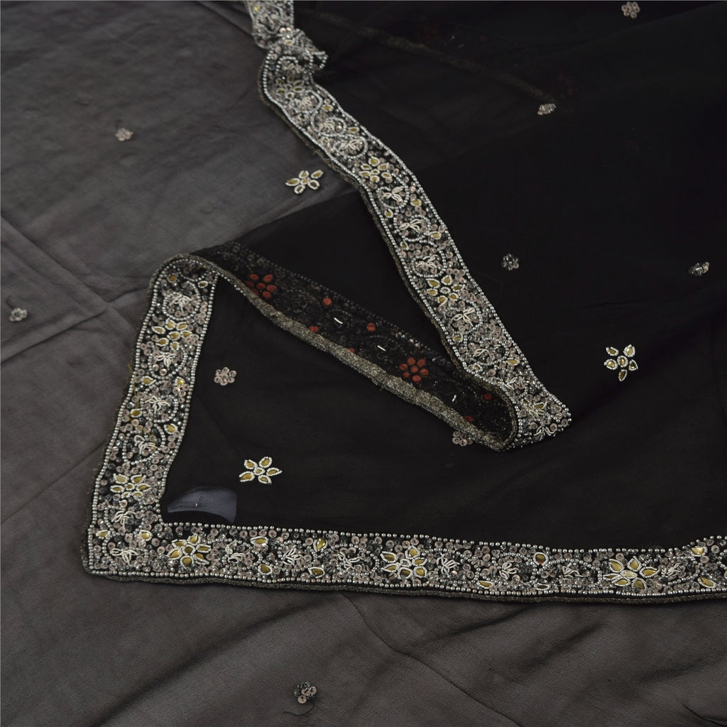 Sanskriti Vintage Black Dupatta Long Stole Pure Georgette Hand Beaded Wrap Veil