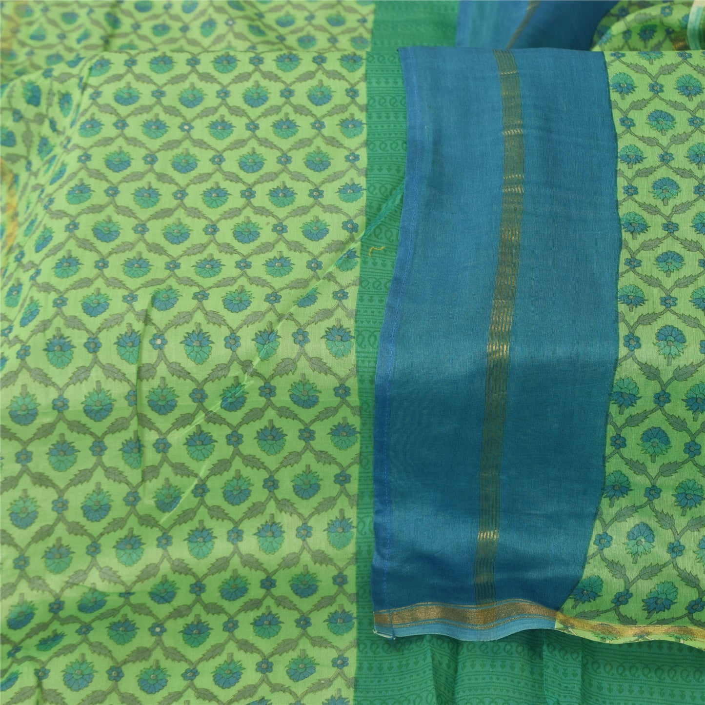 Sanskriti Vintage Long Dupatta/Stole Pure Chiffon Green Printed Zari Woven Scarf