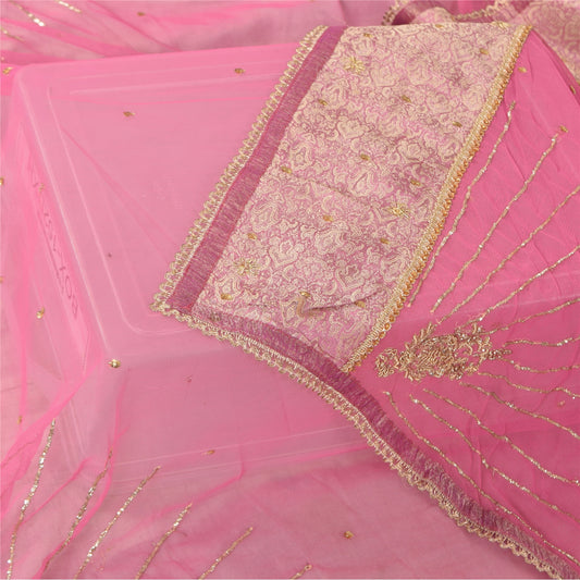 Sanskriti Vintage Lang Dupatta/Stola Net Mesh Pink Zardozi Håndperle Tørklæde Slør