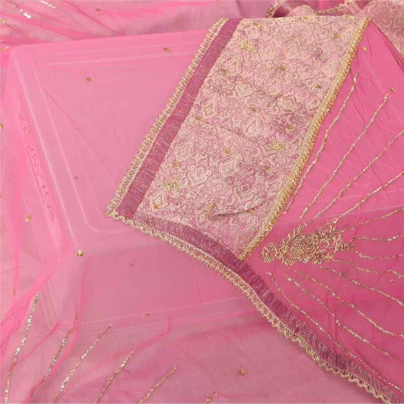Sanskriti Vintage Long Dupatta/Stole Net Mesh Pink Zardozi Hand Bead Scarf Veil