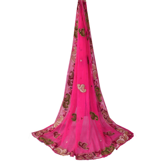 Sanskriti Vintage Long Dupatta/Stole Pure Chiffon Pink Hand Beaded Applique Work