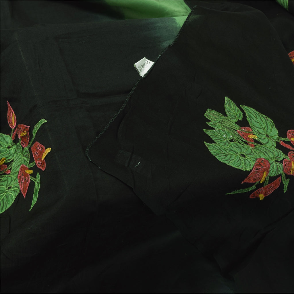 Sanskriti Vintage Long Dupatta/Stole Pure Cotton Green Embroidered Applique Veil