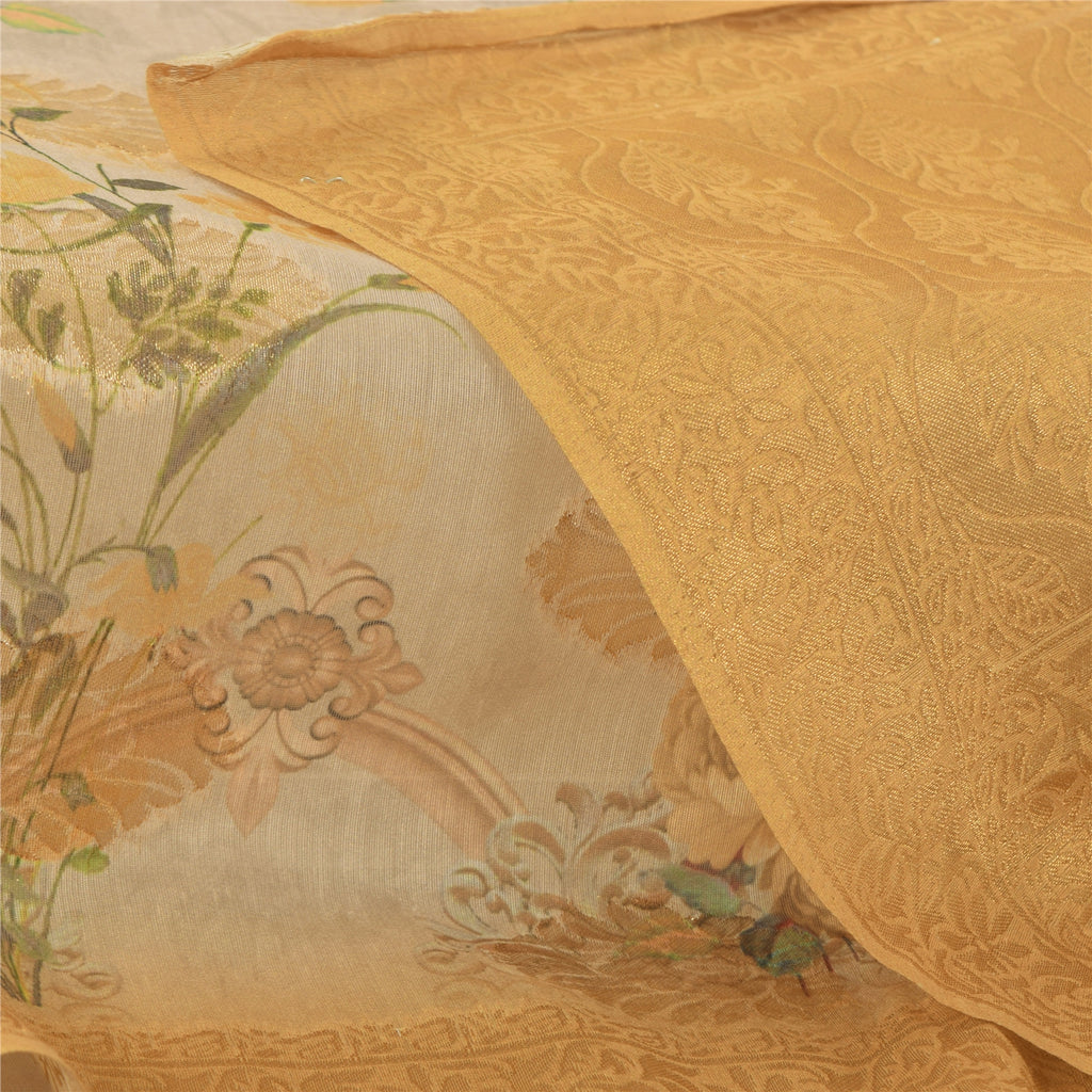 Sanskriti Vintage Ivory/Yellow Dupatta Long Stole Pure Silk Woven Printed Hijab