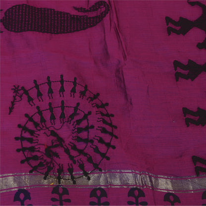 Sanskriti Vintage Magenta Dupatta Long Stole Art Silk Printed Warli Art Scarves