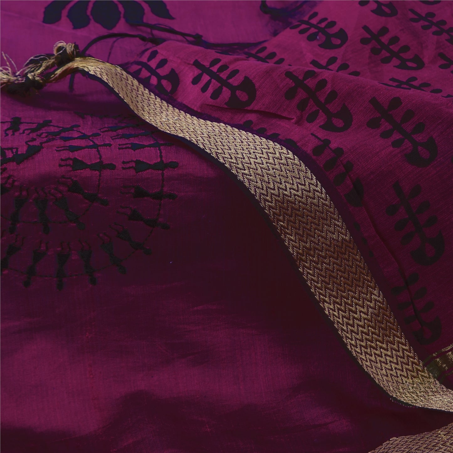 Sanskriti Vintage Magenta Dupatta Long Stole Art Silk Printed Warli Art Scarves