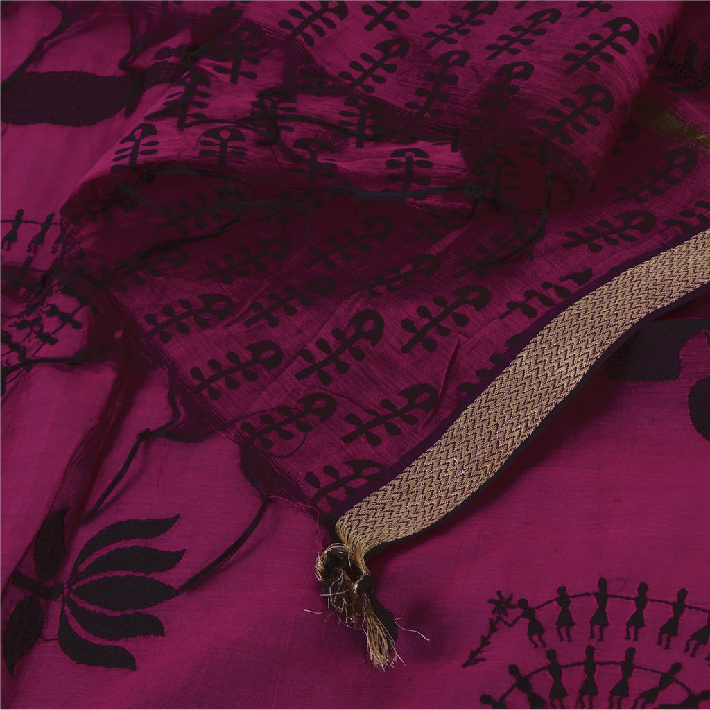Sanskriti Vintage Magenta Dupatta Lange Stol Kunstsilke Trykte Warli Kunsttørklæder