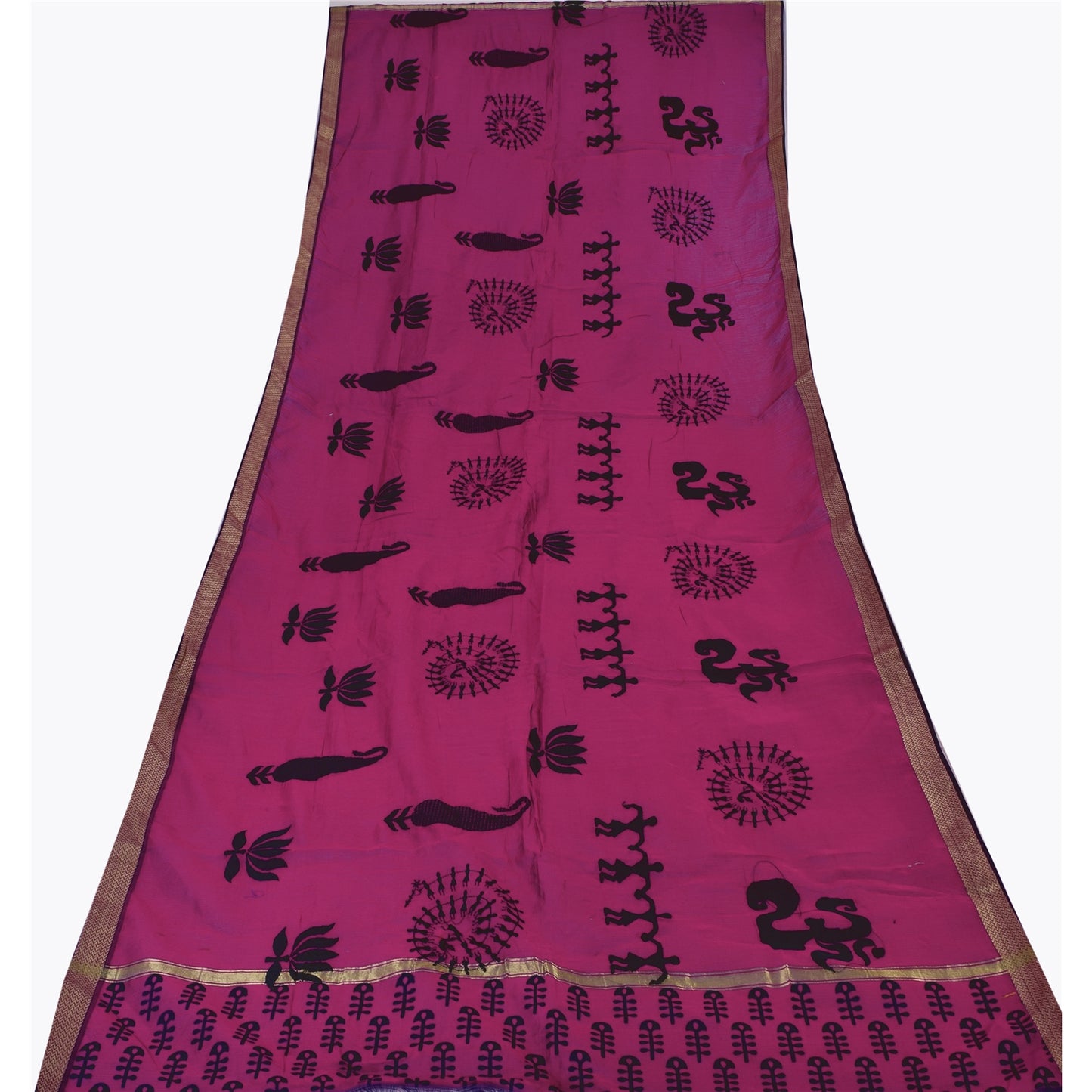 Sanskriti Vintage Magenta Dupatta Long Stole Art Silk Printed Warli Art Scarves