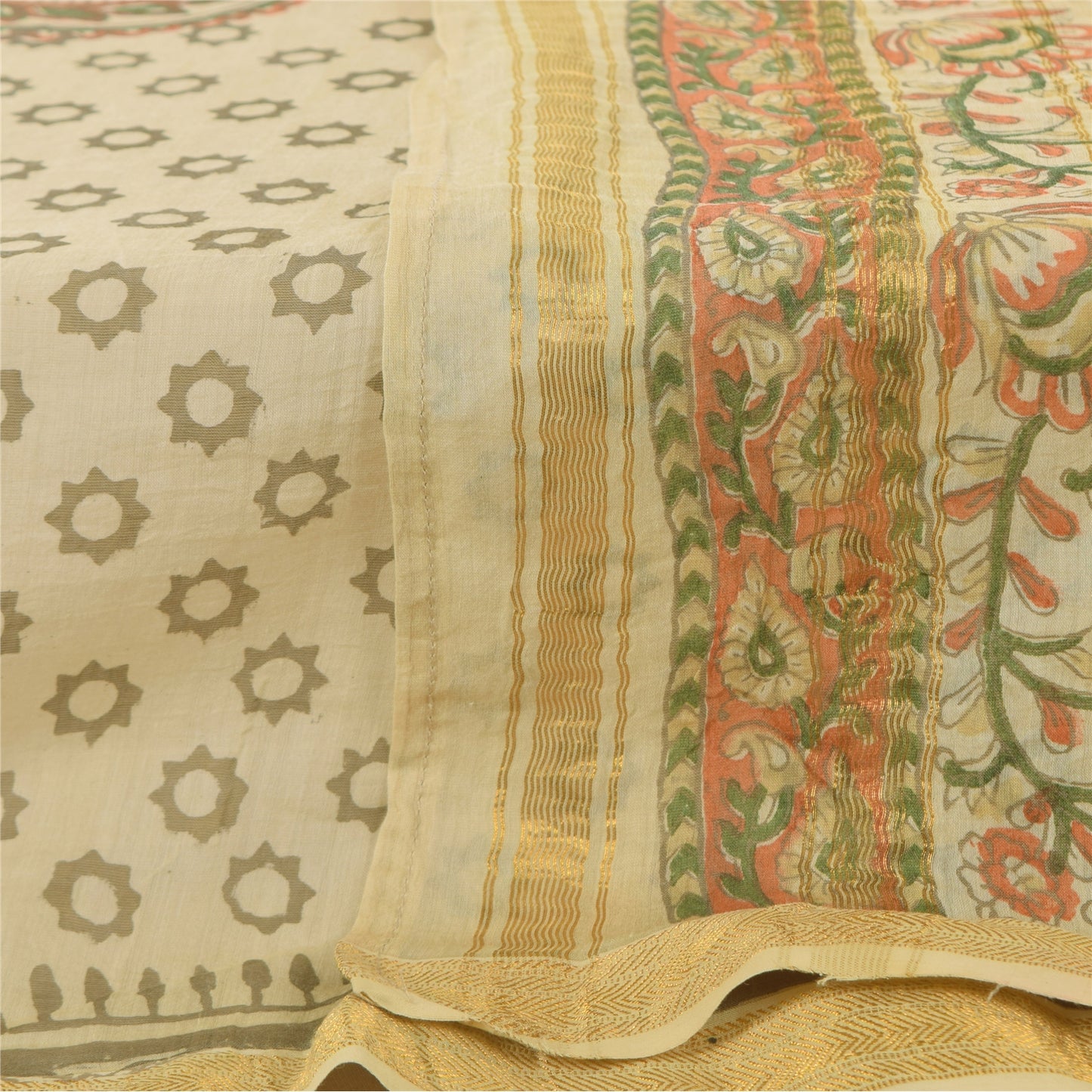 Sanskriti Vintage Ivory Dupatta Long Stole Pure Silk Printed Premium Wrap Scarve