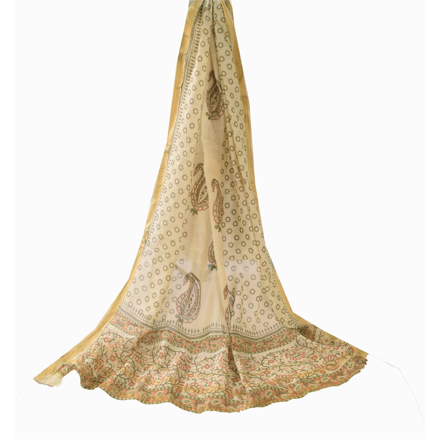 Sanskriti Vintage Ivory Dupatta Long Stole Pure Silk Printed Premium Wrap Scarve