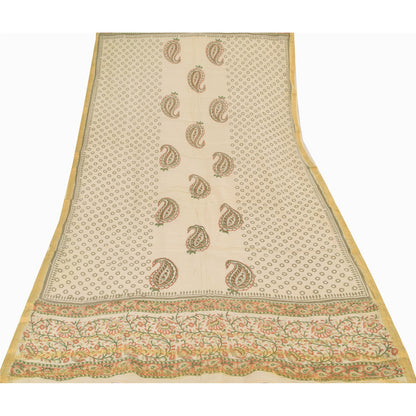 Sanskriti Vintage Ivory Dupatta Long Stole Pure Silk Printed Premium Wrap Scarve