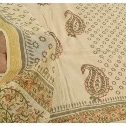 Sanskriti Vintage Ivory Dupatta Long Stole Pure Silk Printed Premium Wrap Scarve