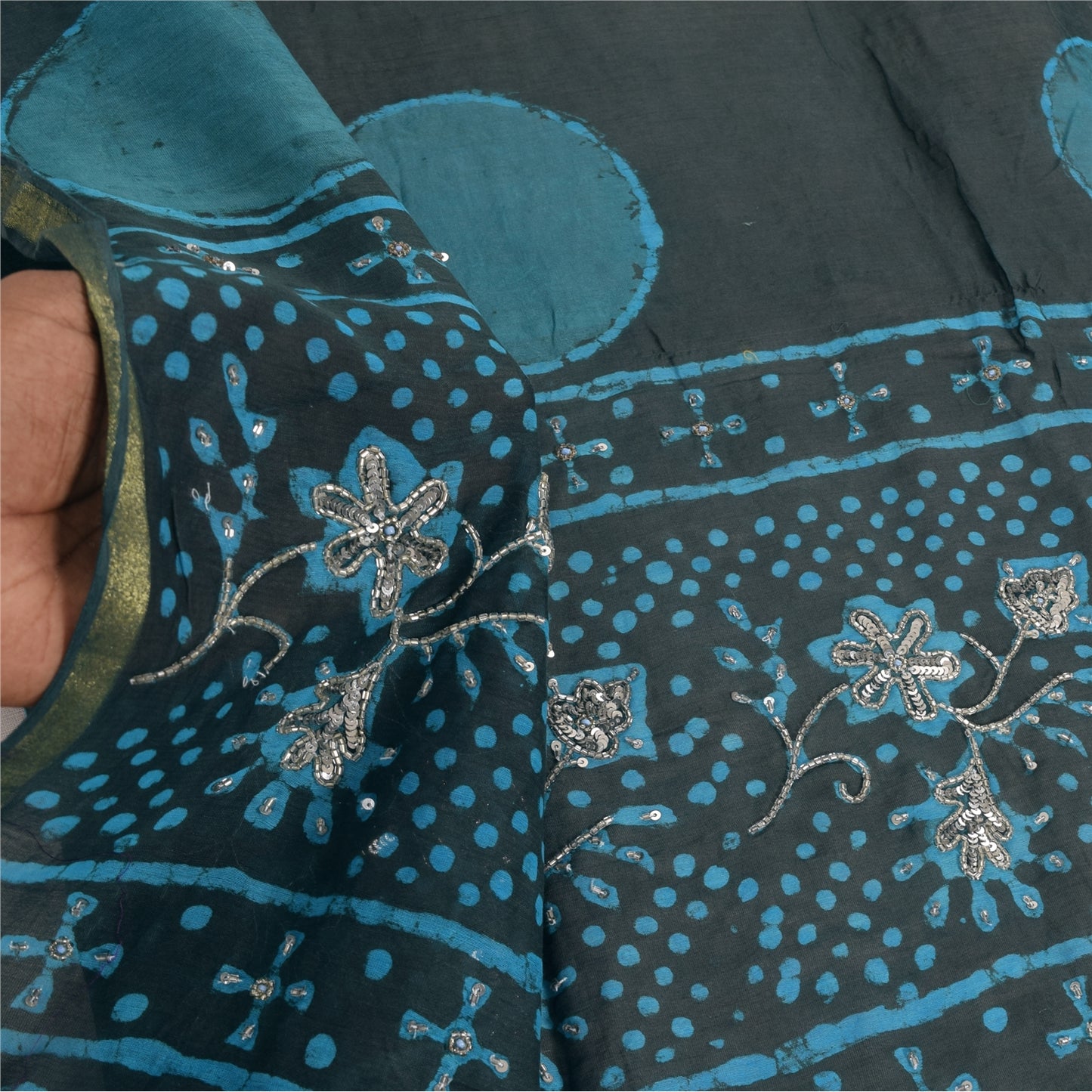 Sanskriti Vintage Black Dupatta Long Stole Pure Silk Hand Beaded Printed Scarves