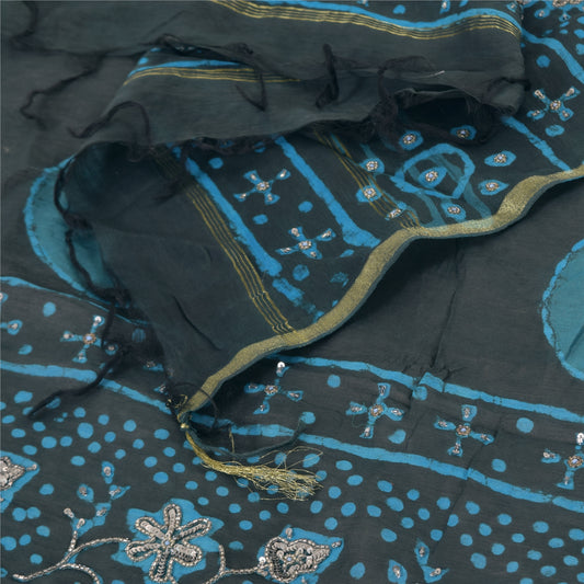 Санскрити Винтаж Черный Дупатта Длинный Палантин Чистый Шелк Ручной Работы Бисером Печатный Шарф