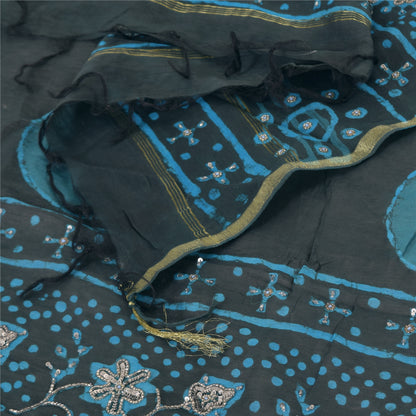 Sanskriti Vintage Black Dupatta Long Stole Pure Silk Hand Beaded Printed Scarves