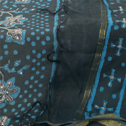 Sanskriti Vintage Black Dupatta Long Stole Pure Silk Hand Beaded Printed Scarves