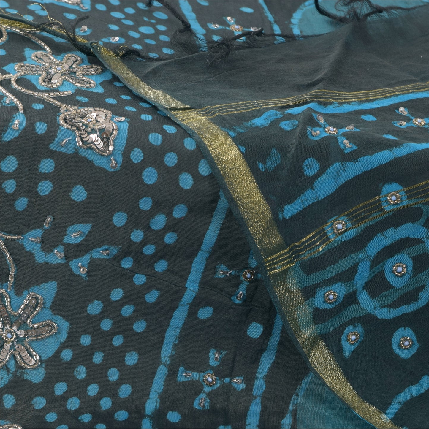 Sanskriti Vintage Black Dupatta Long Stole Pure Silk Hand Beaded Printed Scarves