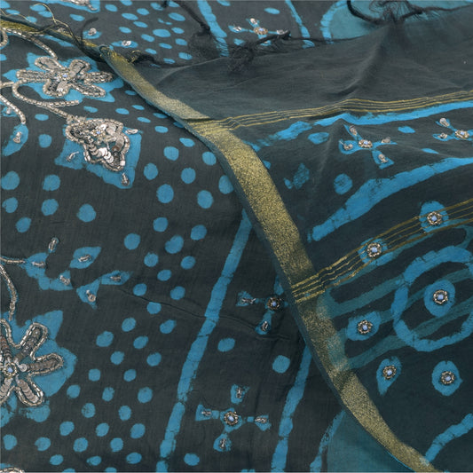 Sanskriti Vintage Sort Dupatta Lang Stole Ren Silke Håndperleprintede Tørklæder